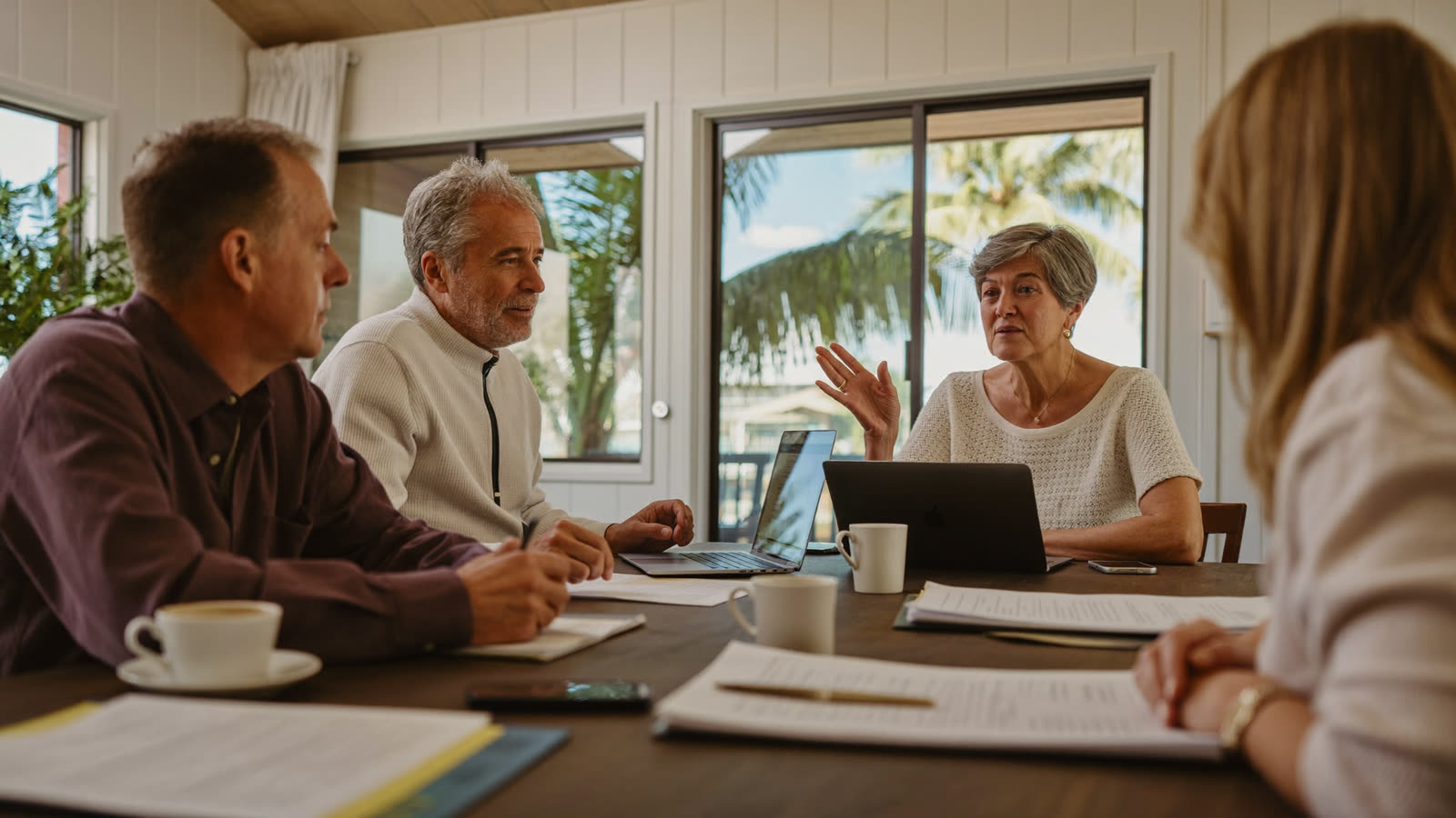 Volunteer board members meeting around a table in a bright Florida clubhouse